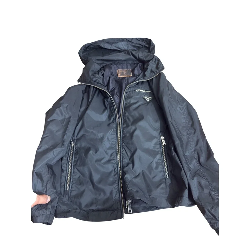 Black Nylon Jacket Full Zip Lightweight Triangle Logo Luxury Designer